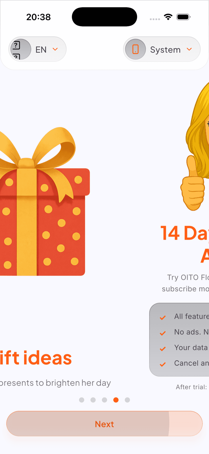 The onboarding screen with gift ideas and the free trial