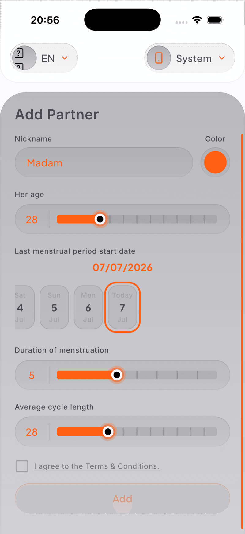 The add partner screen with cycle setup sliders