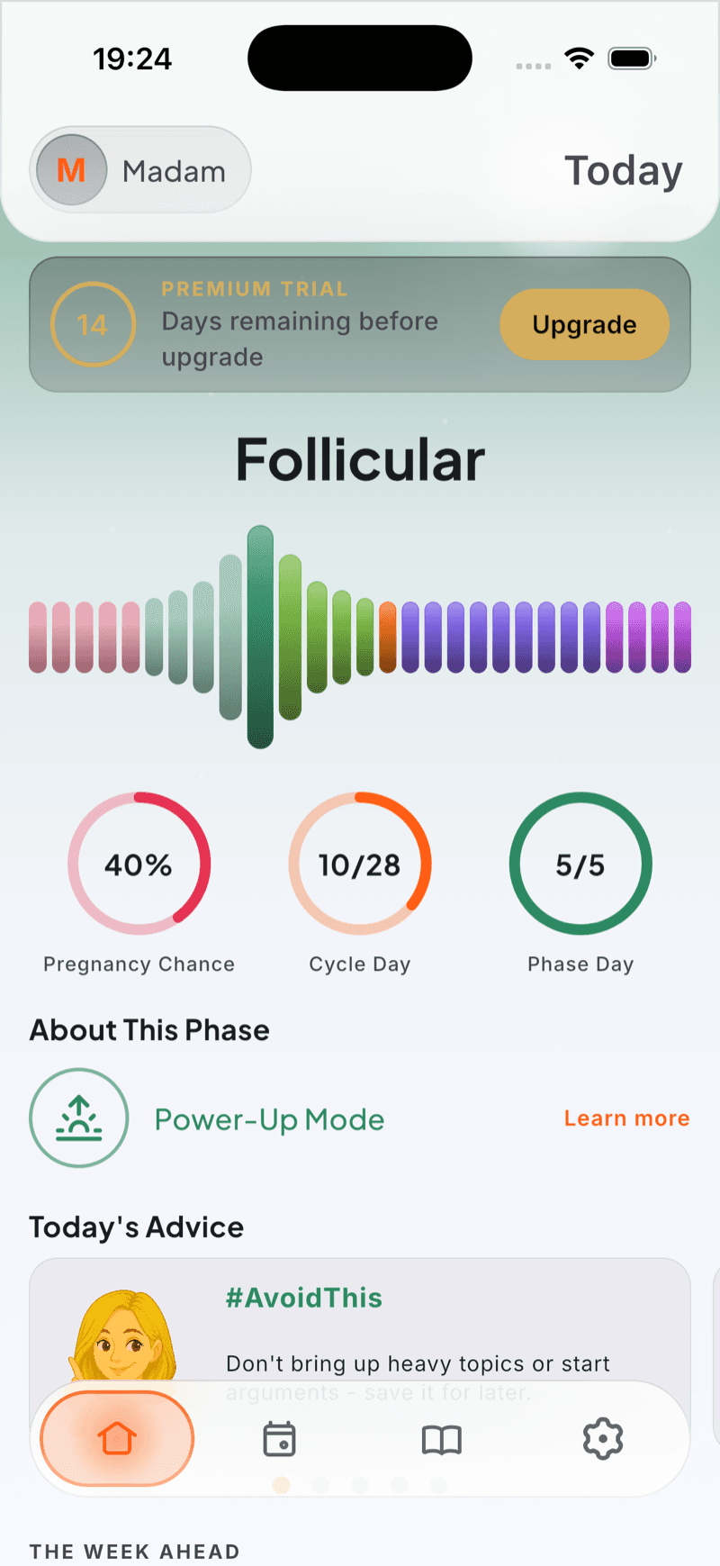 The Today screen showing the current phase and advice