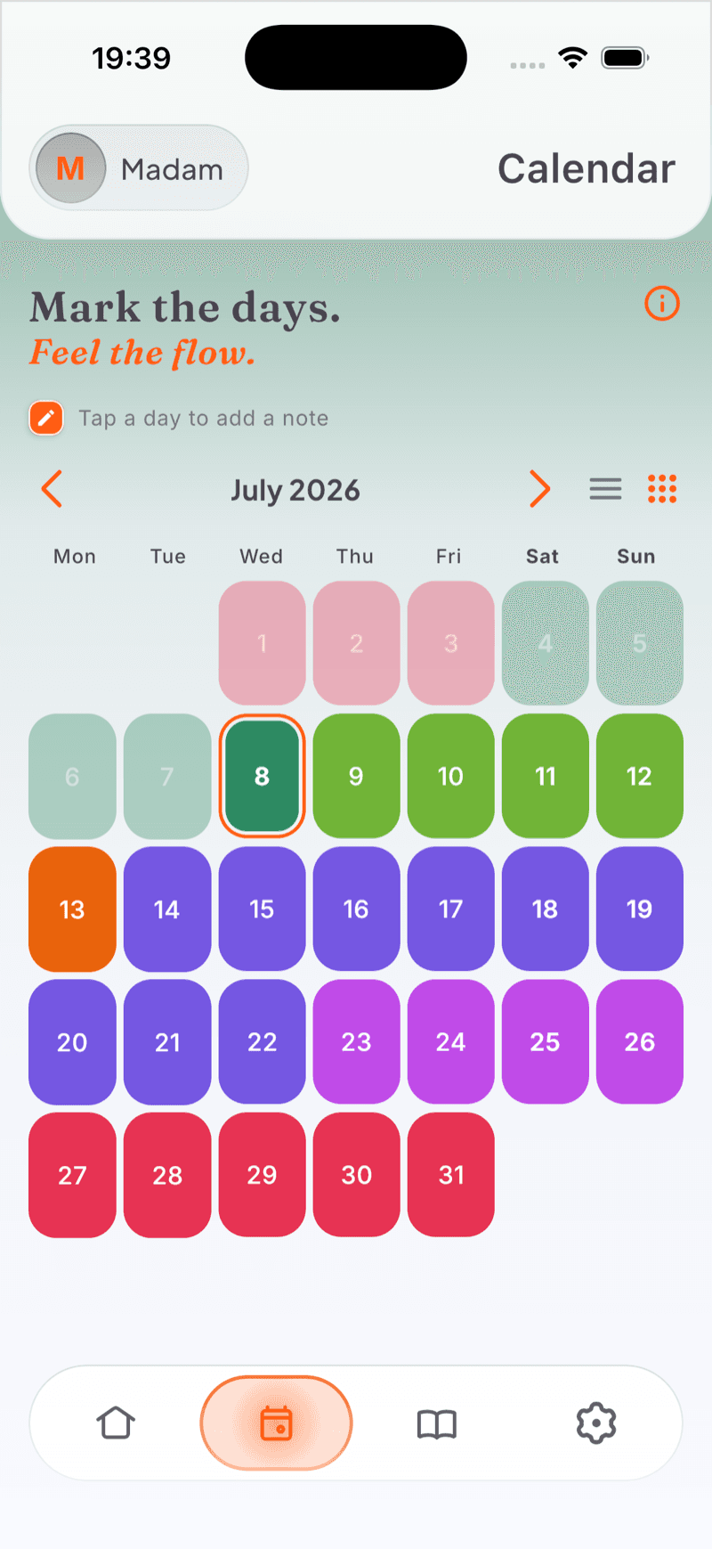 A month calendar with each day painted its phase colour