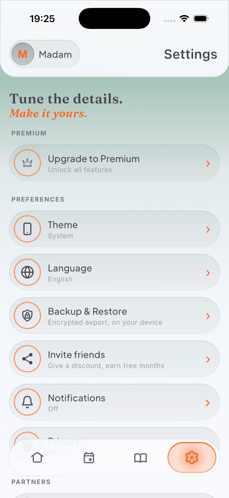 The settings screen with preferences and no login
