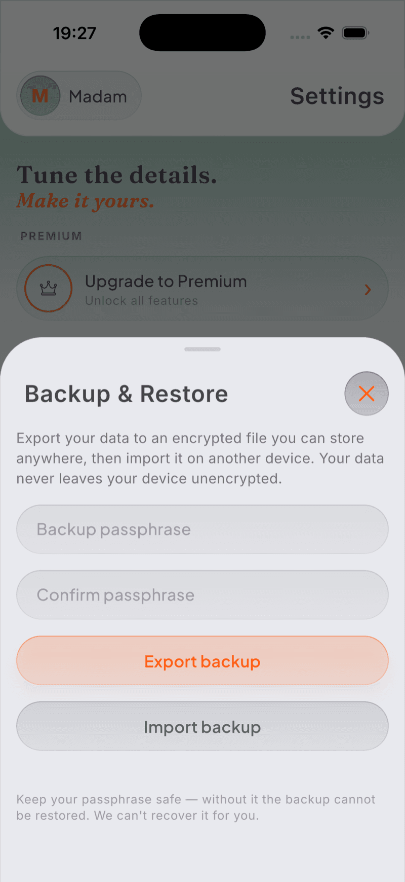 The encrypted backup and restore screen